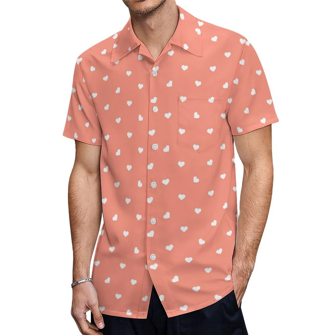 Short Sleeve Blush Pink White Polka Dot Heart Hawaiian Shirt Mens Button Down Plus Size Tropical Hawaii Beach Shirts