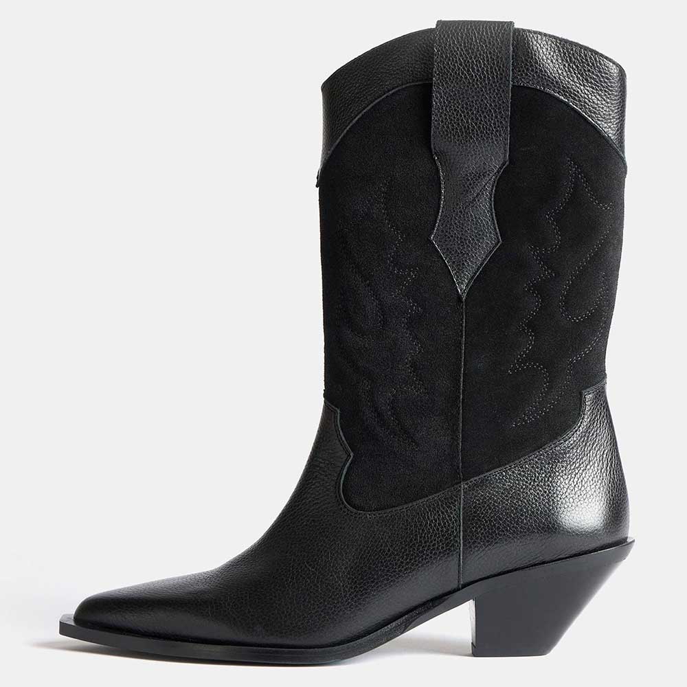 Patchwork Design Pointed Toe Heeled Mid-Calf Cowgirl Boots in Black Nicepairs