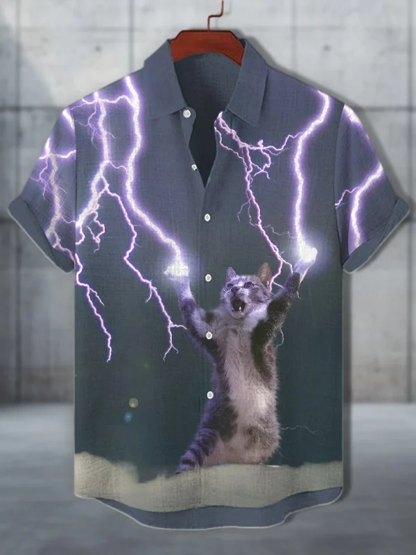 Men's Cat And Lightning Fun Art Print Casual Shirt