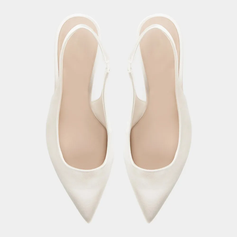 Women's Ivory Satin Slingback Pumps Pointed Toe Heels for Wedding