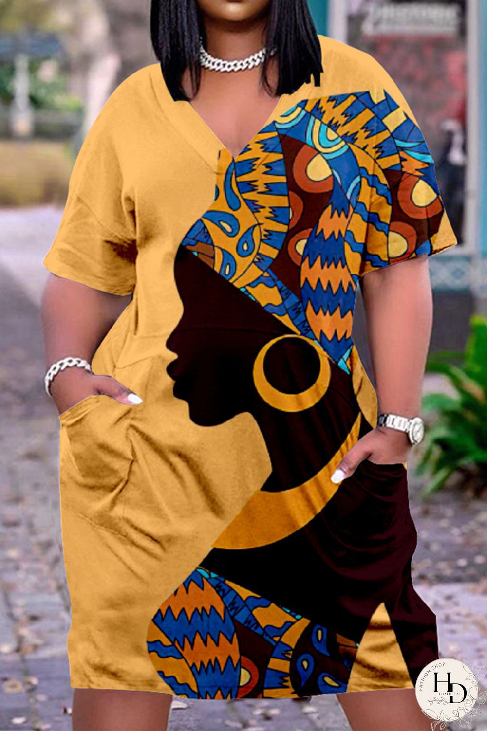 Shallow Yellow Fashion Casual Print Basic V Neck Short Sleeve Dress