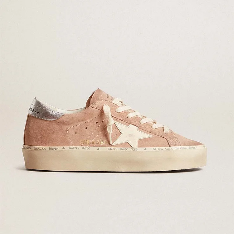 Golden Goose Hi Star Mujer de ante rosa con estrella crema y refuerzo del talón de piel plateada