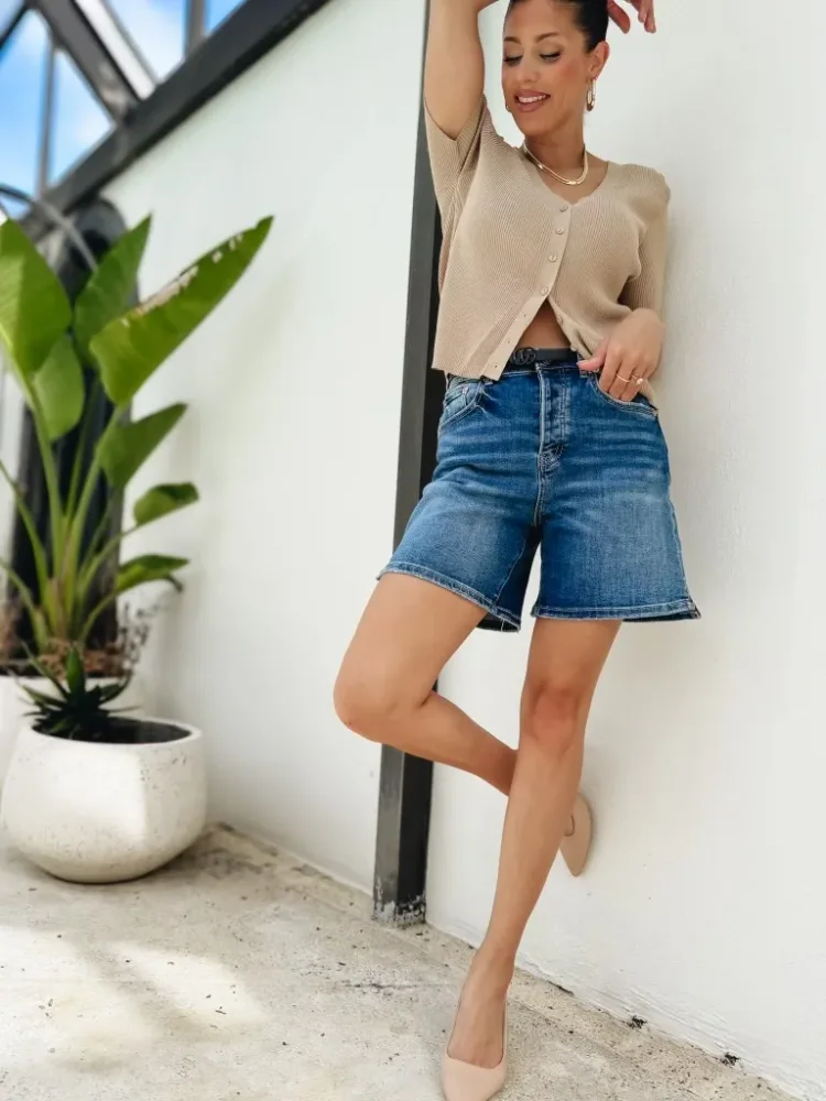 High Rise Button Down Bermuda Shorts - Dark Blue