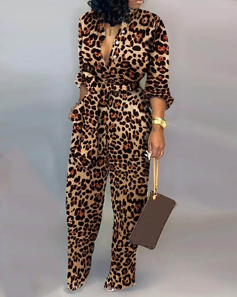 Cheetah Print Long Sleeve Pocket Design Jumpsuit