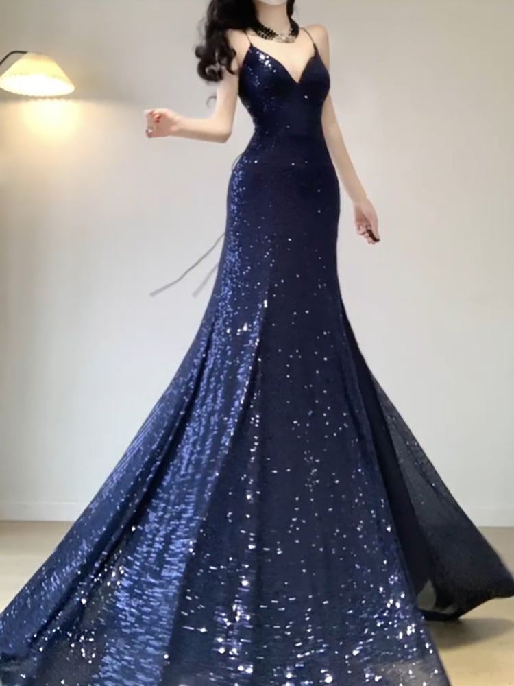 Aiertu Chic Mermaid Spaghetti Straps Sequin Blue Prom Dress Birthday Dresses Birthday Outfits HOT1162 Aiertu