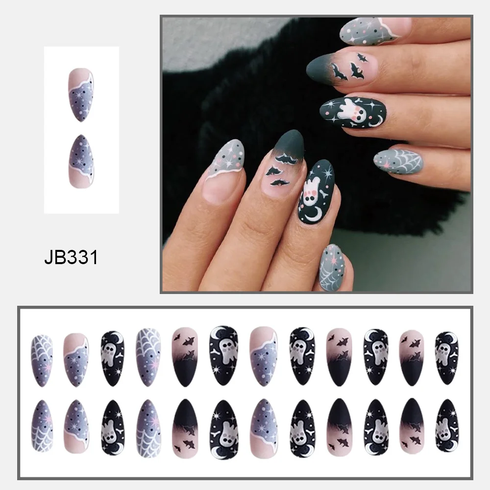 Churchf Churchf Almond Nail Scrub Spider Web Ghost Bat Halloween Element Fake Nail Finished Wear Armor Holiday Nail