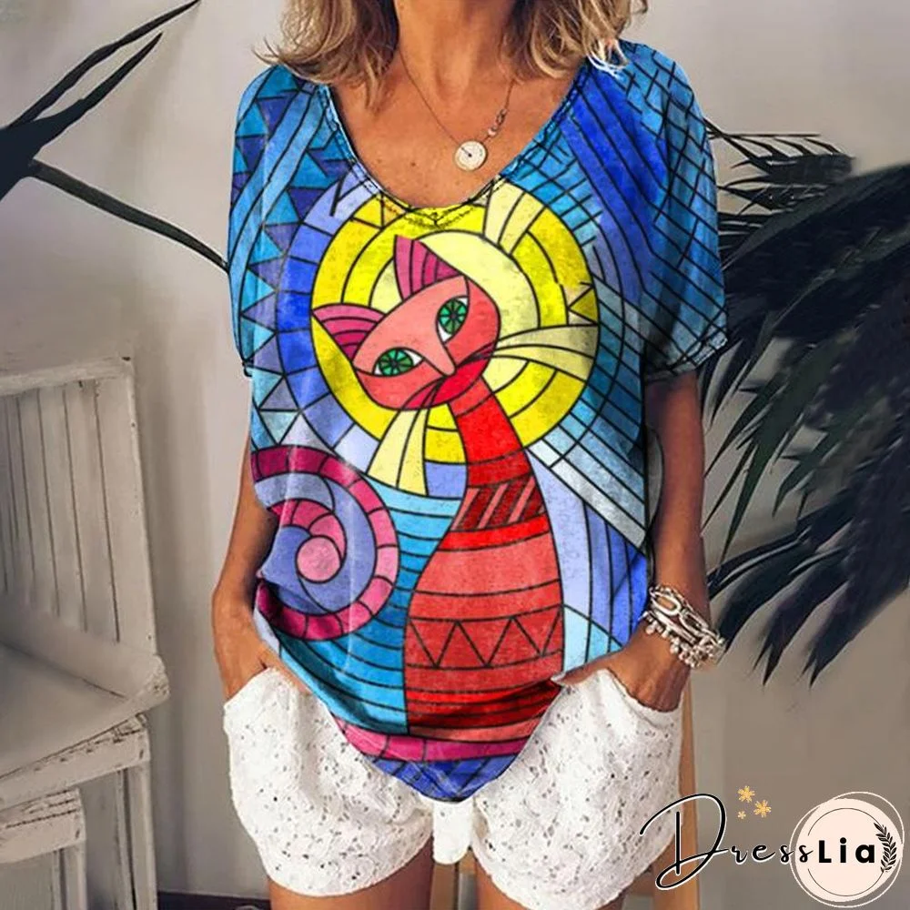 V Neck Black Cat Printed Pink T-Shirt