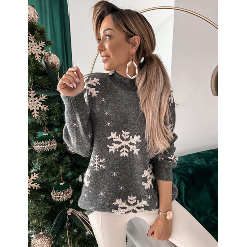 Mature Women Fall Winter Christmas Sweater Knitted Fluffy Loose Casual Christmas Snowflake Print Long Sleeves Pullovers Tops Streetwear
