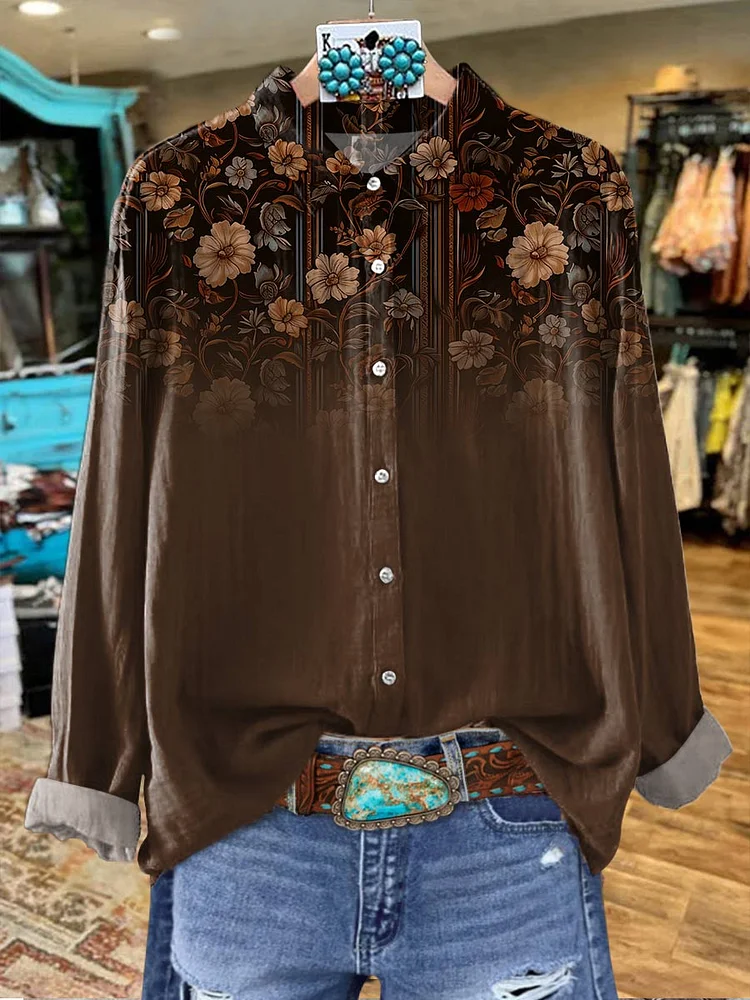 Women's Brown Flower Print Casual Cotton Shirt