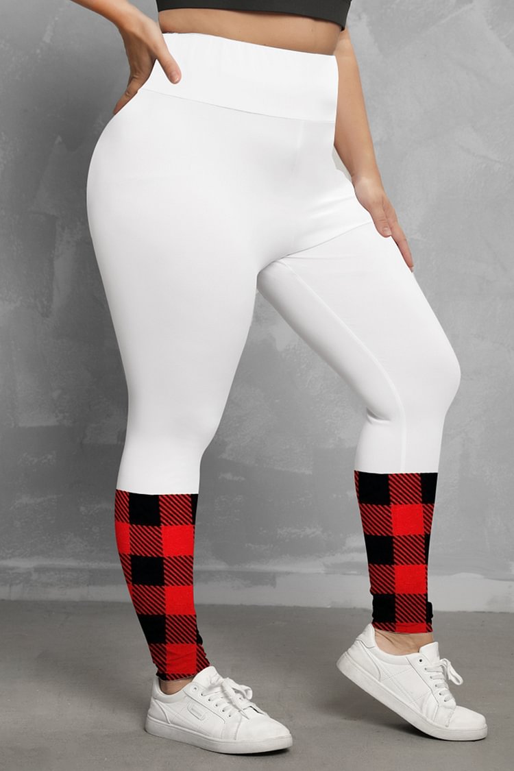 Flycurvy Plus Size Christmas Casual Red Christmas Trees Plaid Print Stitching Legging  flycurvy [product_label]