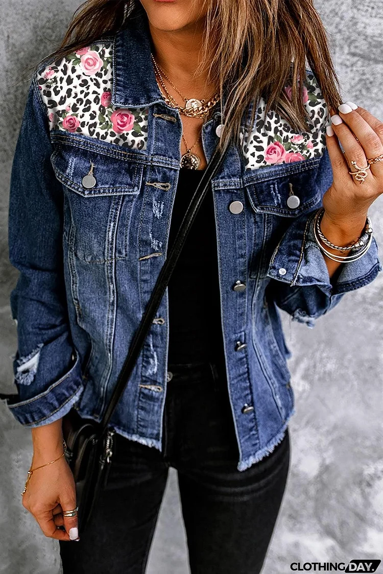 Mixed Print Distressed Button Front Denim Jacket