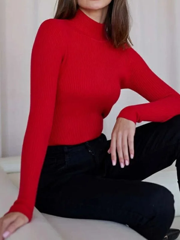 Long Sleeves Skinny Solid Color Split-Joint High Neck Sweater Tops