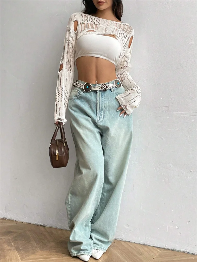 Athvotar Athvotar Spring And Summer New Tuk Hollow Hole Design Knitted Shirt Short Sweater