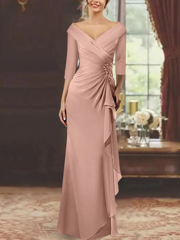 Sheath/Column V-Neck Half Sleeves Floor-Length Mother of the Bride Dresses with Ruffles & Appliques