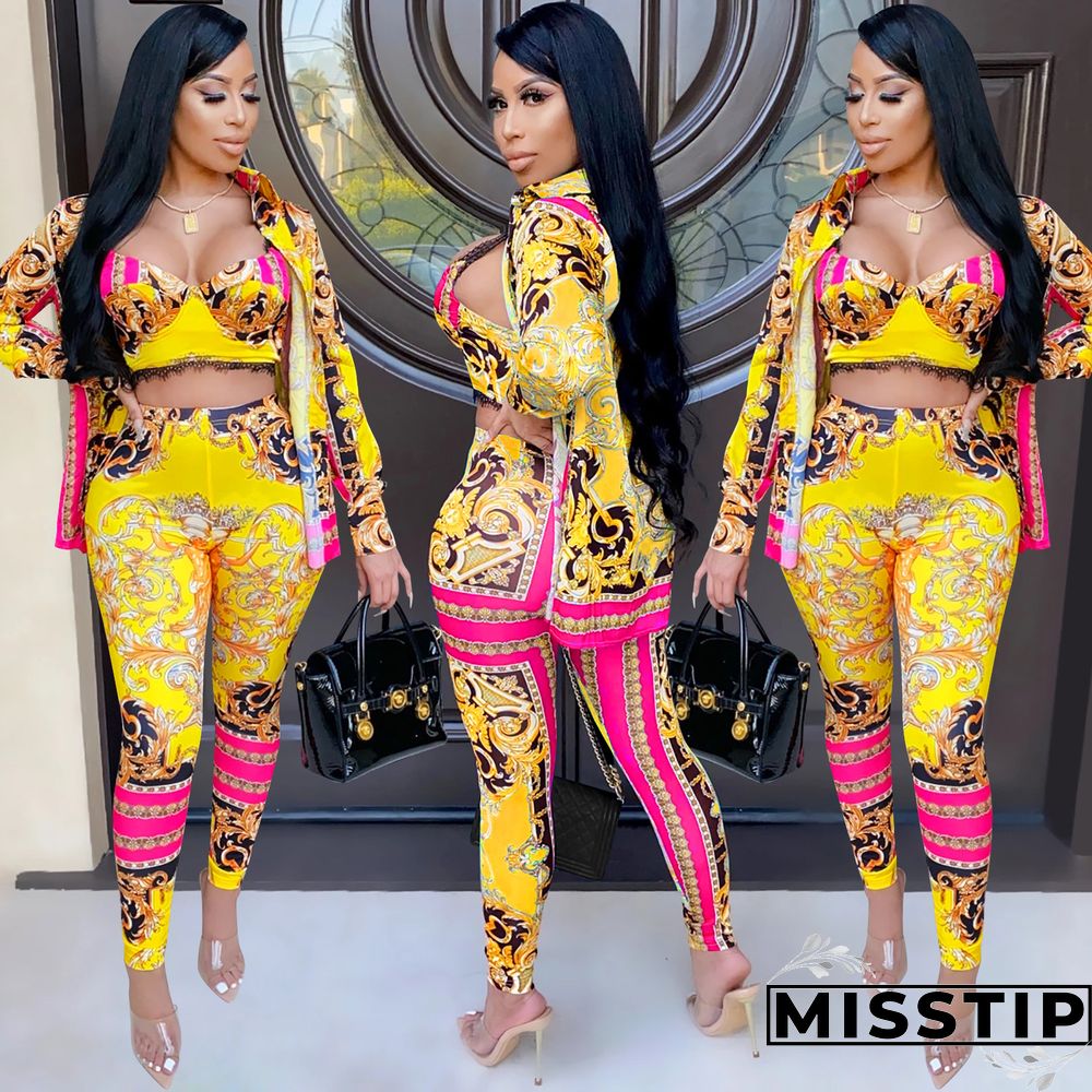 Women Printed Tank Top+Jacket Skinny Pants 3 Pieces