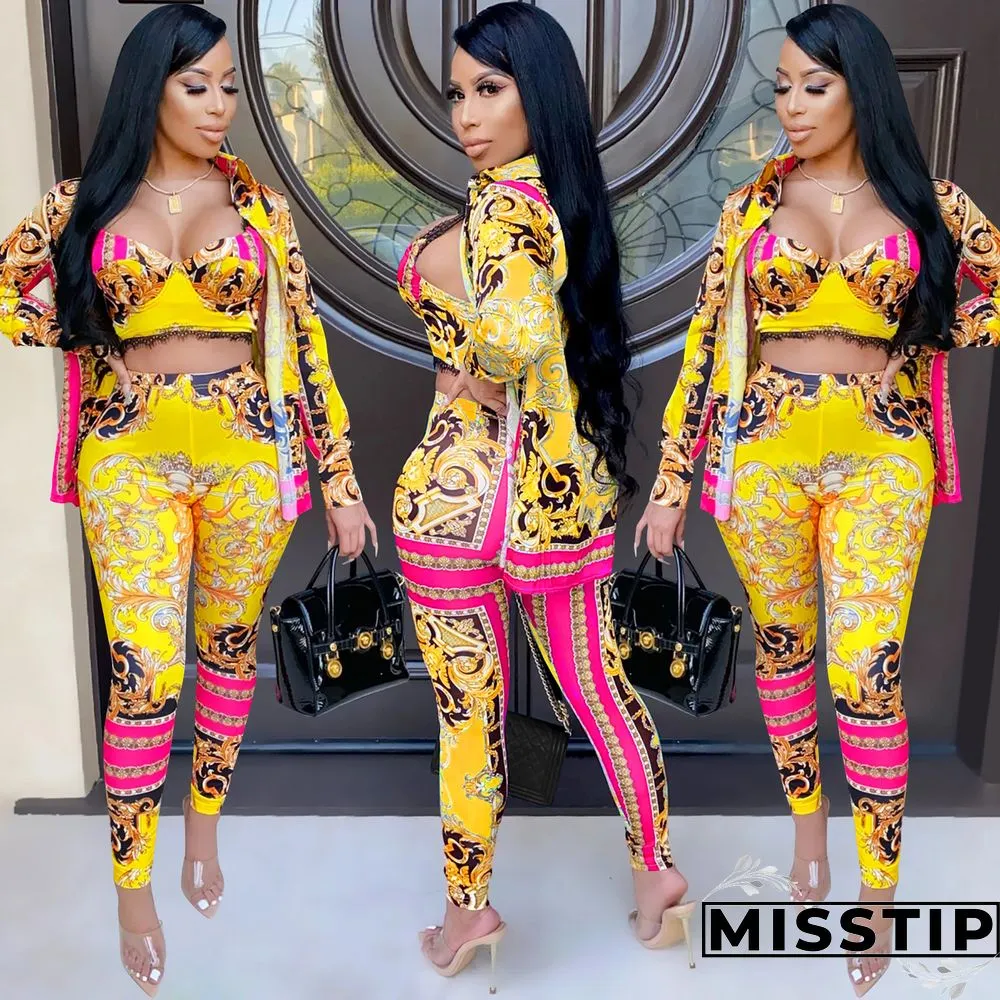 Women Printed Tank Top+Jacket Skinny Pants 3 Pieces