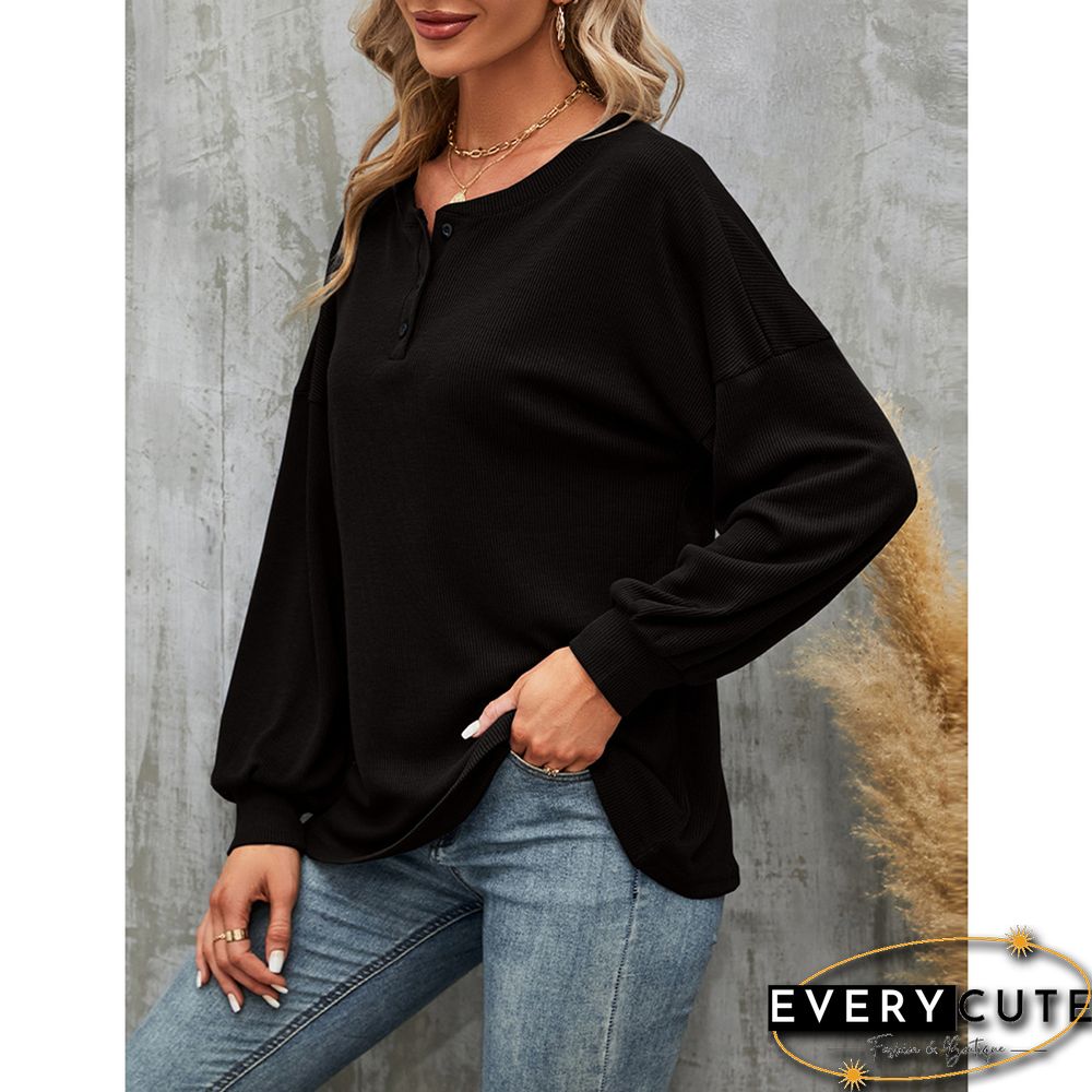 Black Button-up Drop Shoulder Puff Sleeve Tops