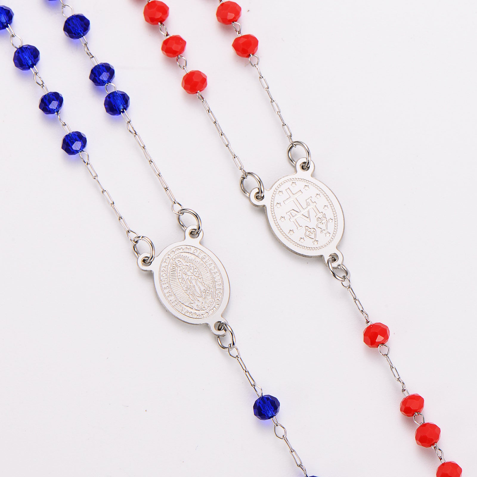 Aml Dopamine Color Crystal Beads Double-Sided Catholic Saint Benedict Portrait + Holy Medal Stainless Steel Long Necklace