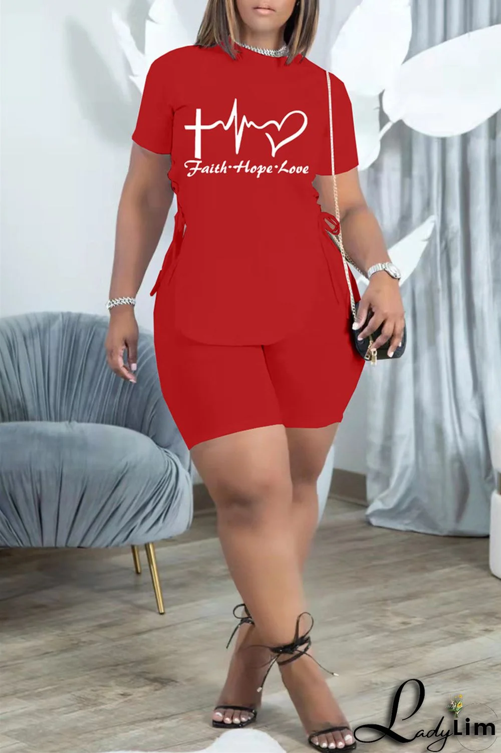 Khaki Fashion Casual Print Bandage Slit O Neck Short Sleeve Two Pieces