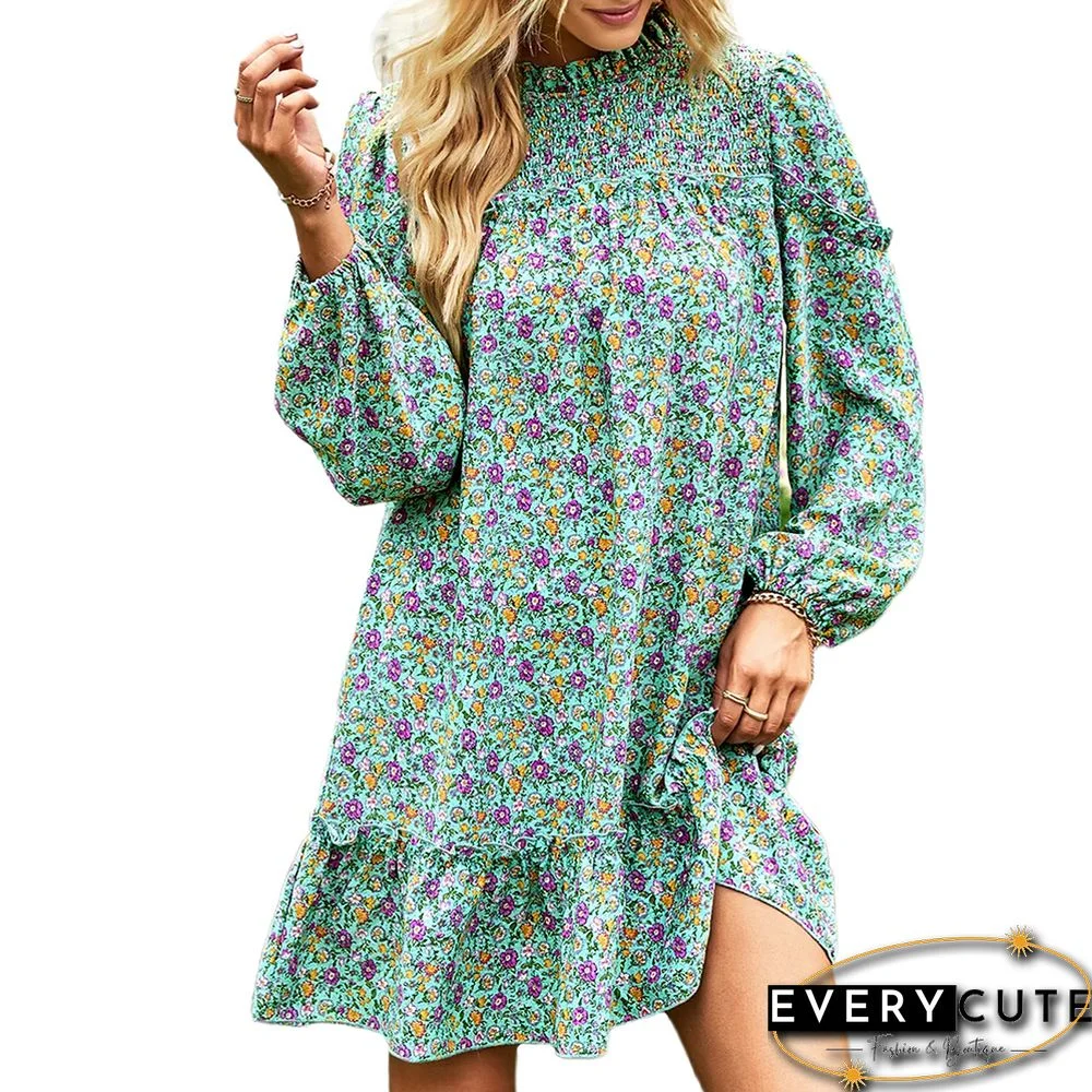 Aquamarine Floral Print Smocked Long Sleeve Dress