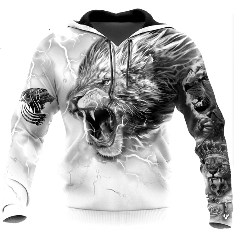 Roaring Lion 3D Printed Hoodie with Lightning and Crown Designs