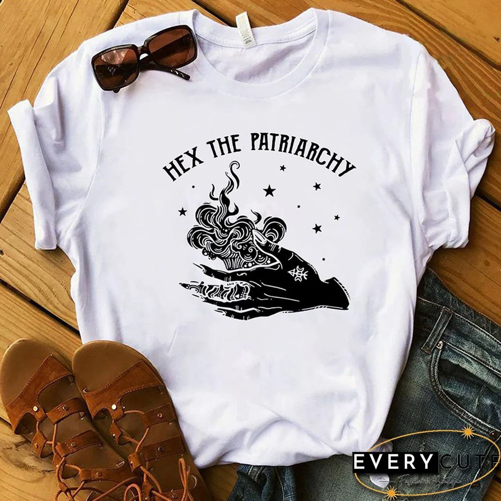 Hex The Patriarchy Women T Shirt Skull Finger Funny Printed Tshirts Witch Gothic Clothes Wicca Saying Spooky 90s Cool T-shirt