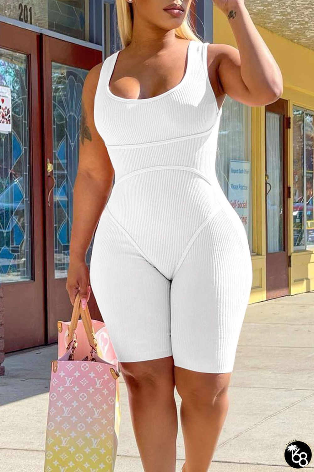 White Sexy Sportswear Solid Patchwork Spaghetti Strap Regular Rompers | 168DEAL
