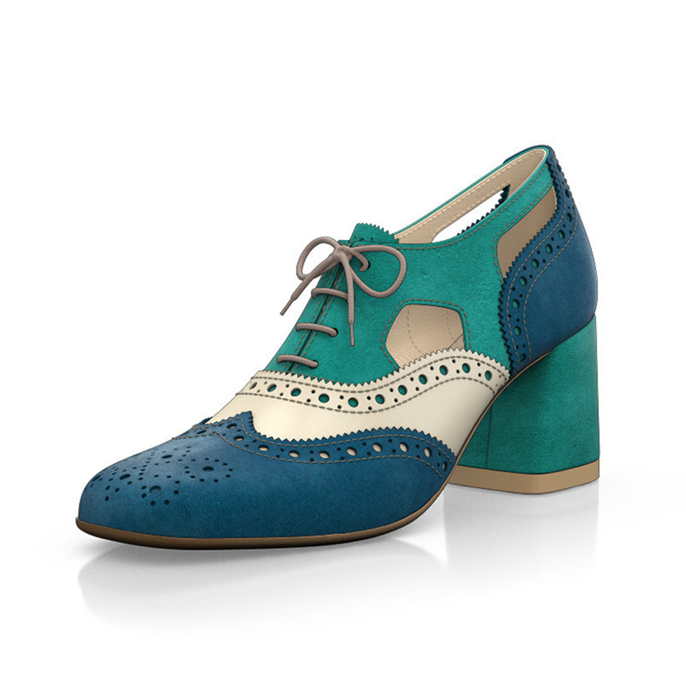 Turquoise Square Toe Chunky Heel Cut-Out Lace-Up Oxford Shoes Nicepairs