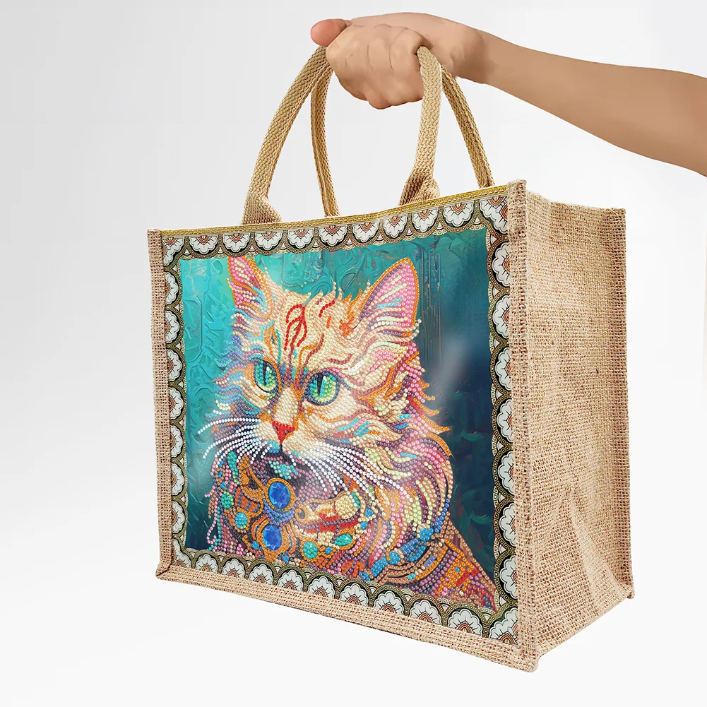 [Upgrade - Waterproof Bag]DIY Cat Linen Diamond Painting Tote Bag Replaceable Canvas for Women Adults