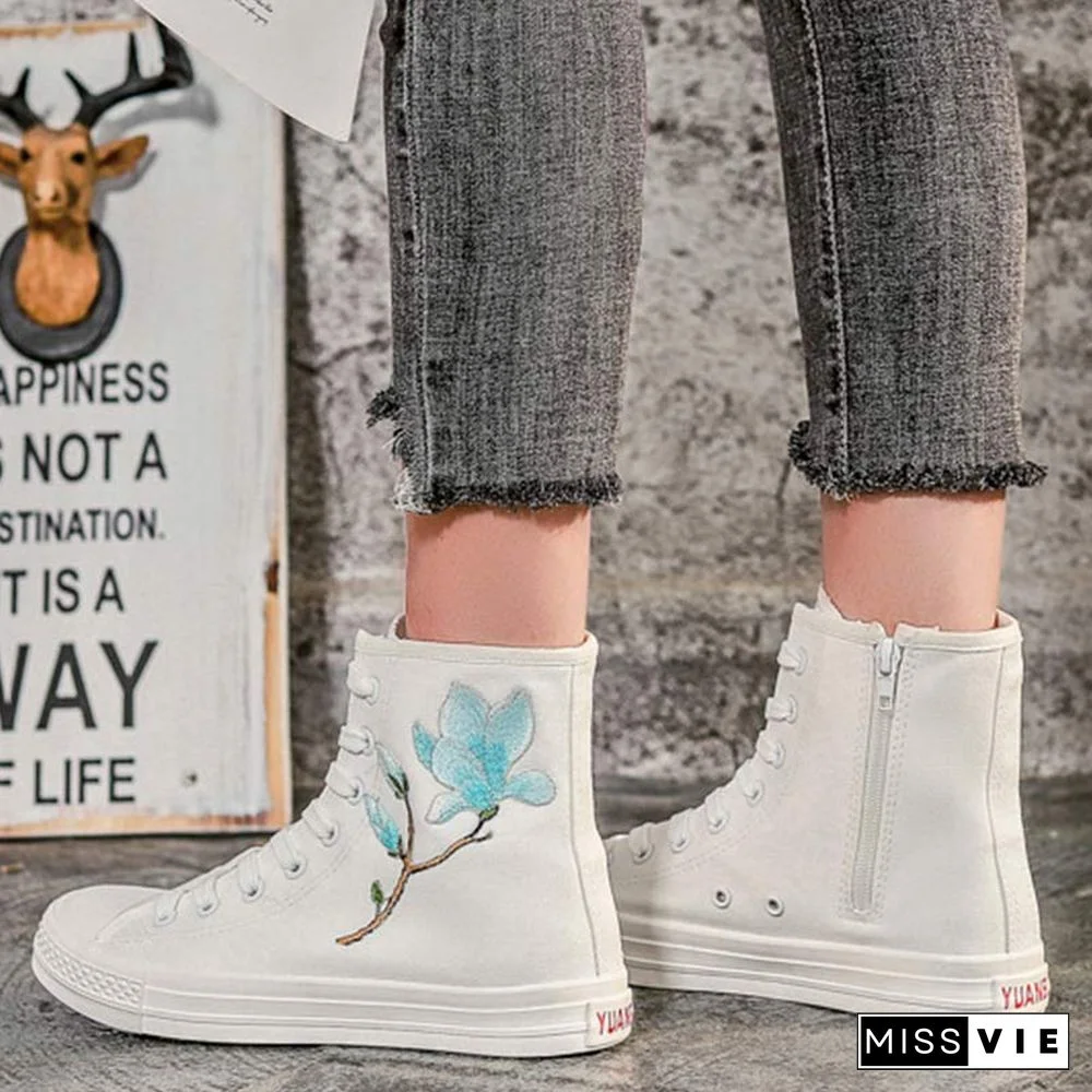 Vintage Blossom Embroidery Lace Up Zipper Canvas Shoes