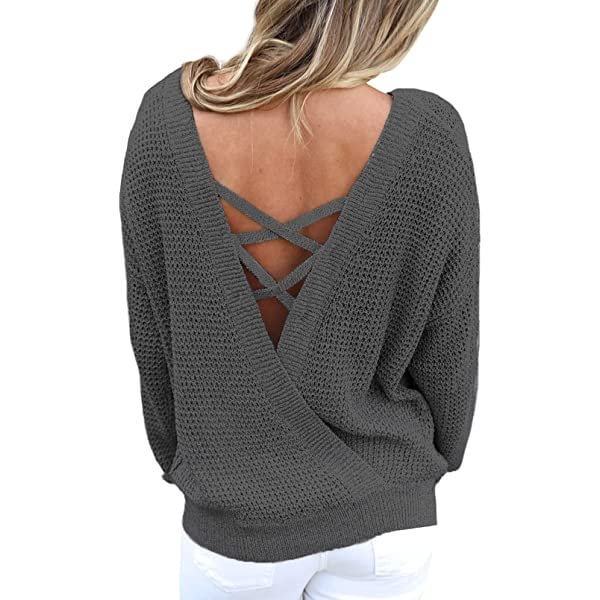 Cross V Back Sweaters for Women Long Sleeve Crewneck Knitted Pullover Casual Loose Jumper Tops