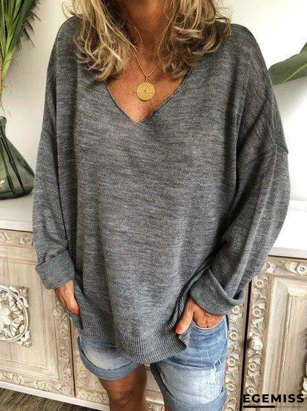 Beige Knitted Long Sleeve Casual Plus Size Sweater | EGEMISS