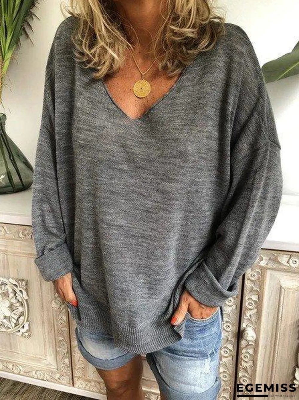 Beige Knitted Long Sleeve Casual Plus Size Sweater | EGEMISS