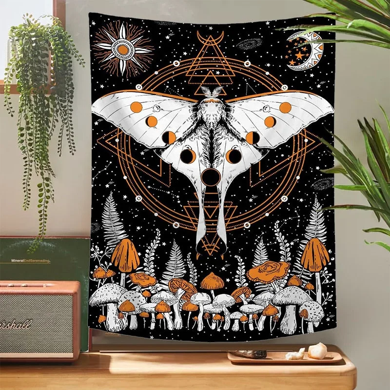 Floral Moon Tapestry Mushroom Trippy Moth Wall Hanging Moon Phase Celestial Star Tapestries Room Bedspread Throw Cover Decor