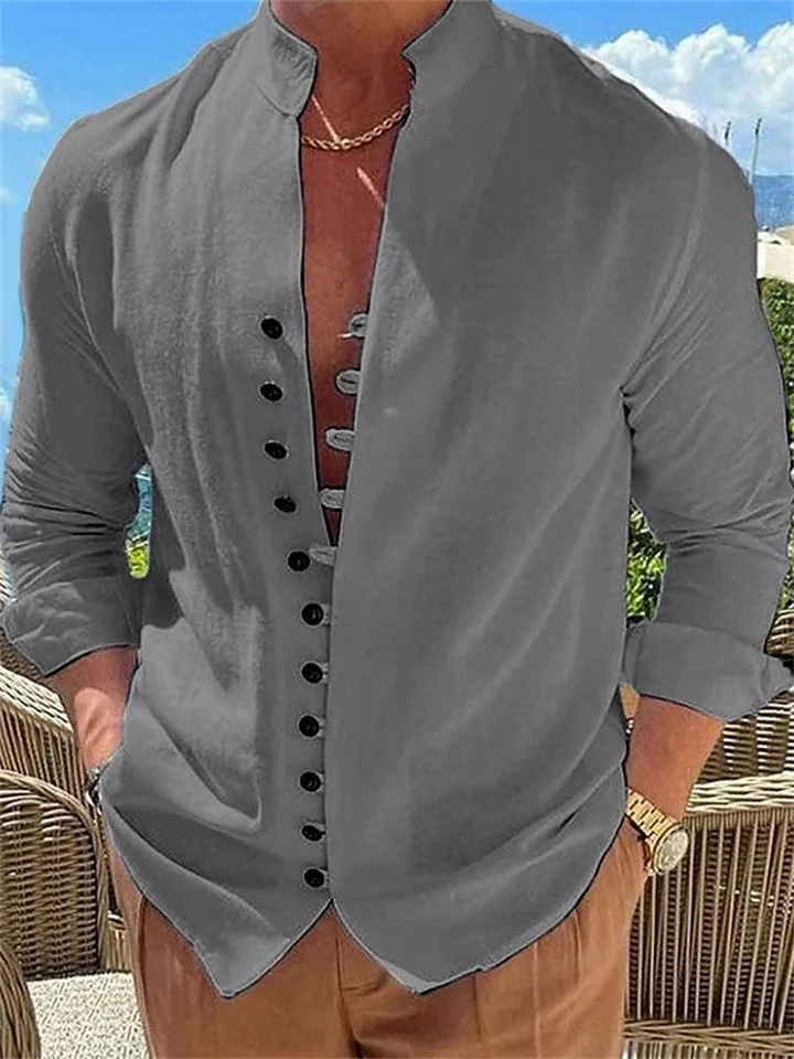 Men's Shirt Linen Shirt Button Up Shirt Casual Shirt Summer Shirt Black White Pink Long Sleeve Plain Band Collar Summer Spring & Fall Daily Vacation Clothing Apparel-Cosfine