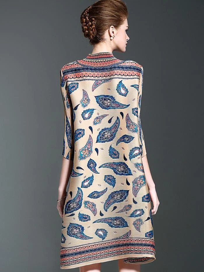Fashion printed three-quarter sleeve loose stretch pleated dress