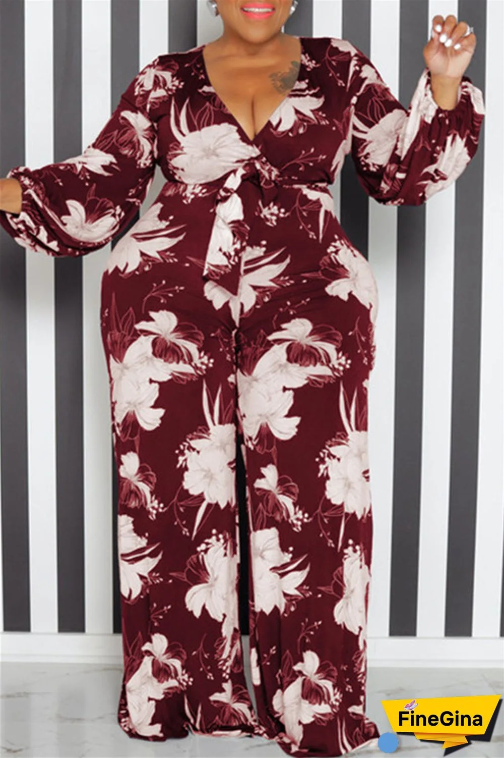 Yellow Casual Print Patchwork V Neck Plus Size Jumpsuits