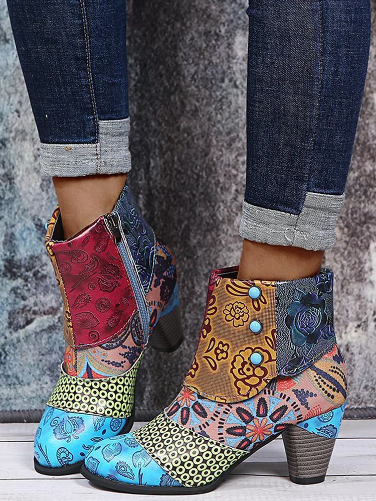 Vintage Boho Colorblock Patchwork Zipper Chunky Heel Ankle Boot