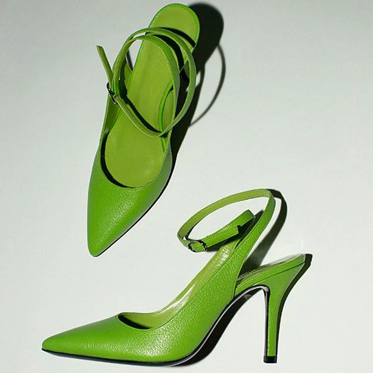 Elegant Green Ankle Strap Heels Women's Pointed Toe Slingback Pumps |FSJ Shoes