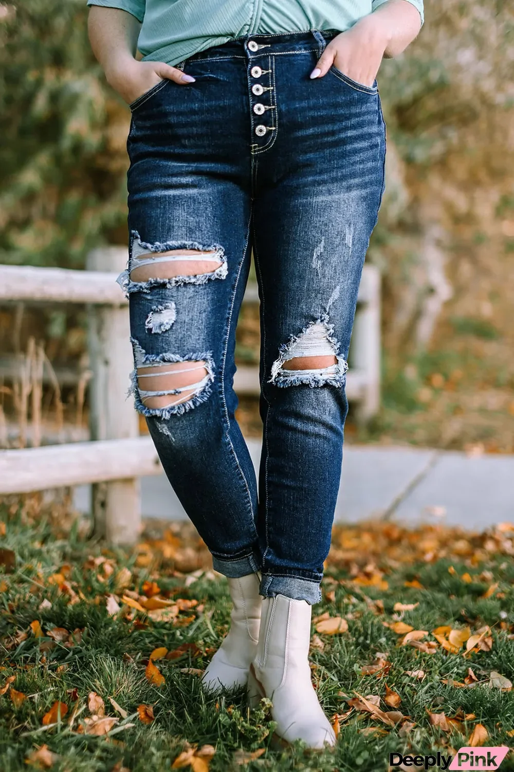 Blue Medium Wash Button Fly Distressed Plus Size Jeans