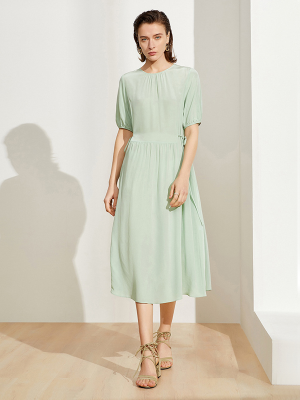 Solid Lace-Up Silk Dress Light Green