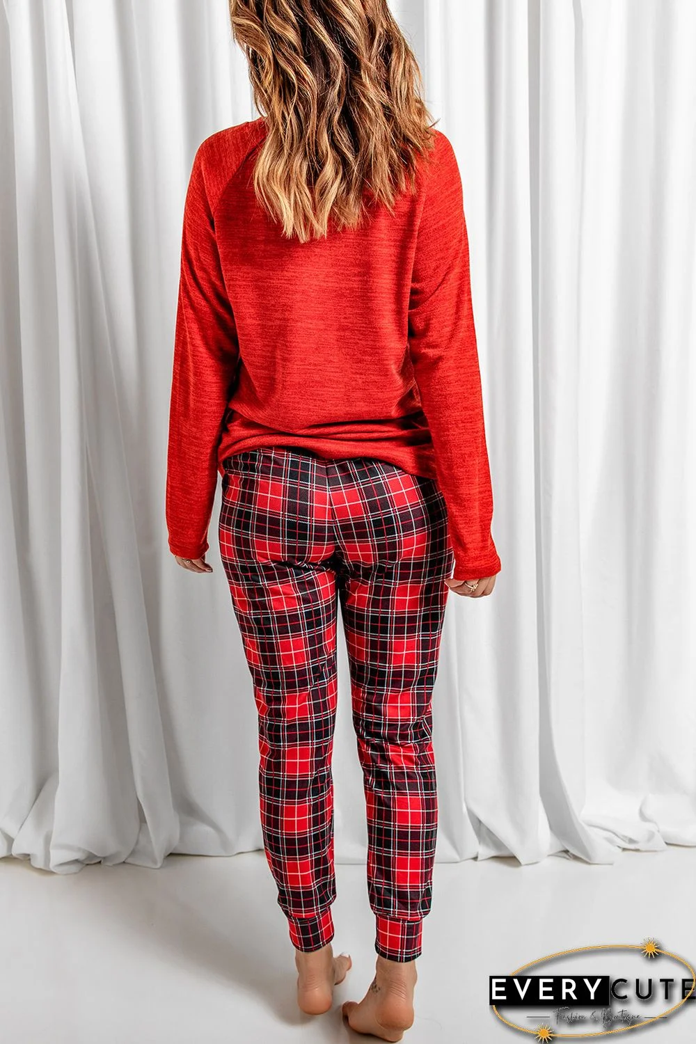Red XOXO Heart Shaped Print Top and Plaid Pants Lounge Wear