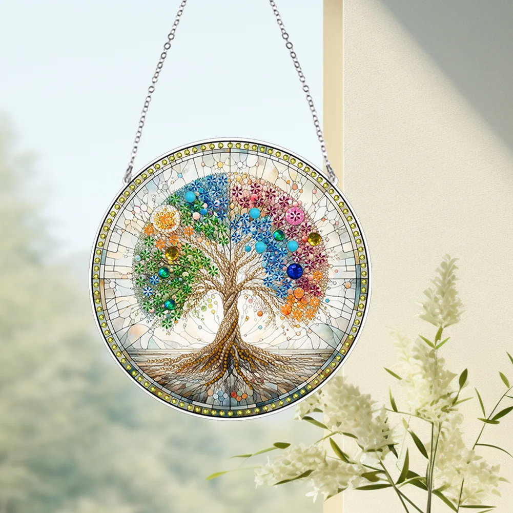 DIY Tree Stained Glass Acrylic Diamond Painting Hanging Pendant for Home Wall Decor