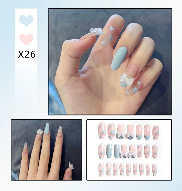 24Pcs/Set Nails Extension System Full Cover Coffin Medium Dripping Diamond Heart Shape Press on False Nail Tips-Nail Inspo