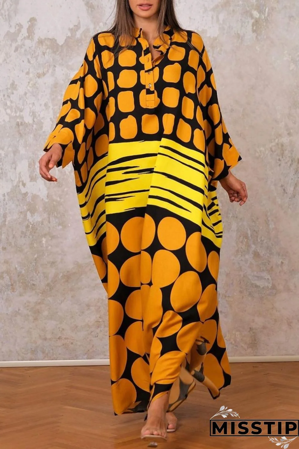 Yellow Casual Print Patchwork O Neck Long Dress Dresses