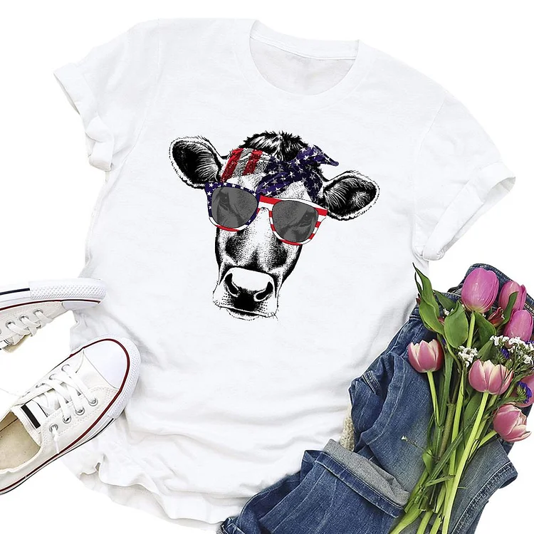 Independence Day Cow Glasses T-shirt Tee-Annaletters