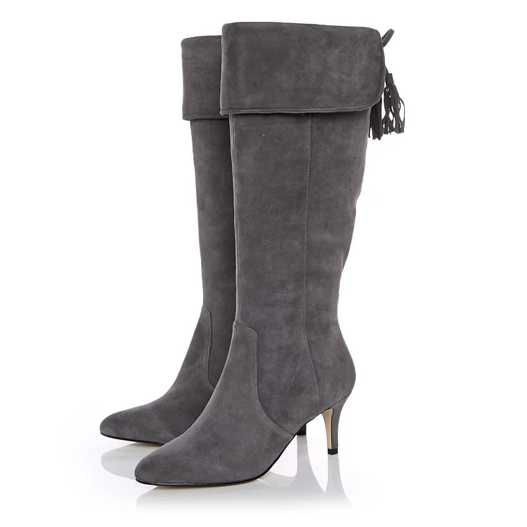 Grey Vintage Vegan Suede Fold Over Back Laced Low Heel Boots for Women |FSJ Shoes