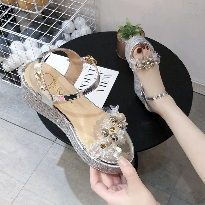 Clear Heels 2021 Sandals  Wedge Low-Heeled Shoes With Strap Large Size Suit Female Beige New Platform Low-heeled Big Girls
