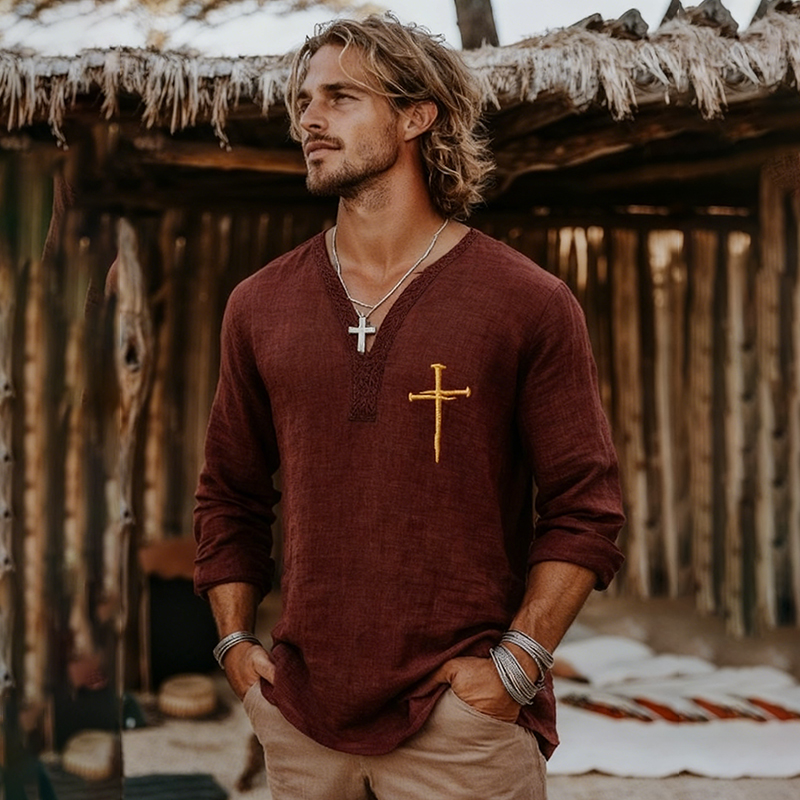  Men's Vintage Faith Cross Art Loose And Comfortable Cotton And Linen Long-sleeved V Neck Shirt Westsshops