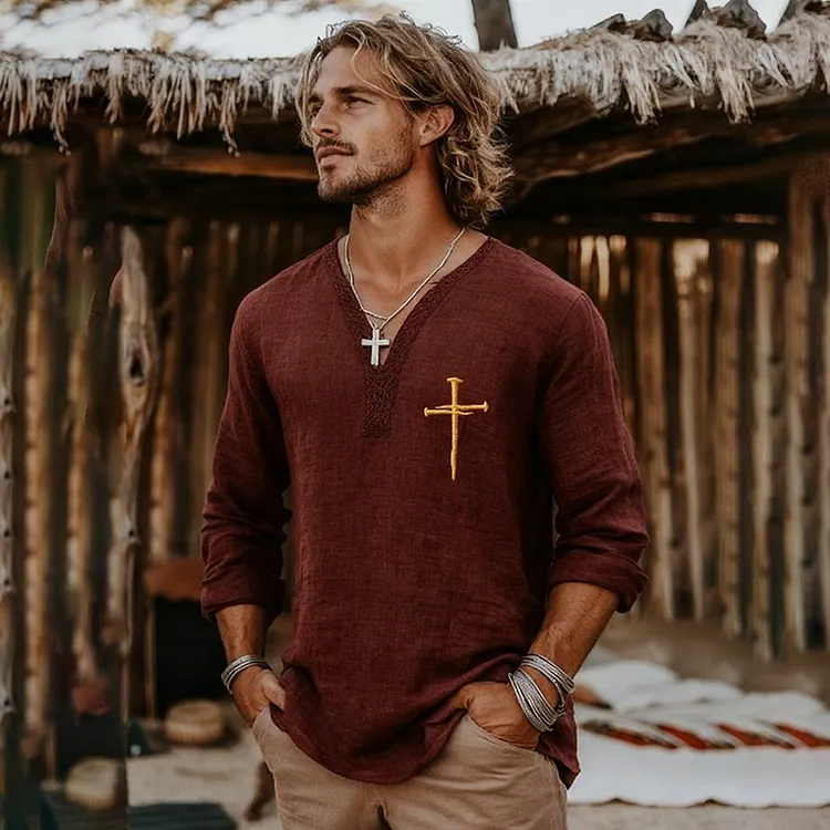 Men's Vintage Faith Cross Art Loose And Comfortable Cotton And Linen Long-sleeved V Neck Shirt